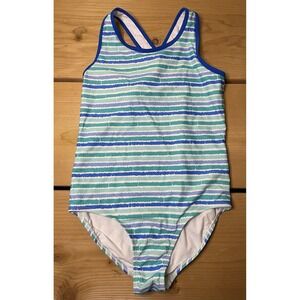 LL Bean Girl One Piece Crossback Swimsuit Sz 14 UPF 50 Blue White Stripe classic